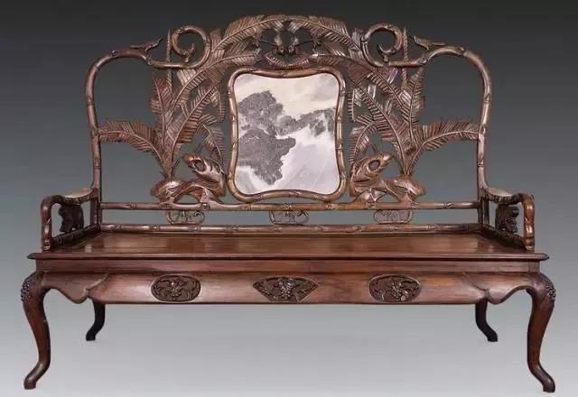 民國 酸枝芭蕉葉鑲理石杠床