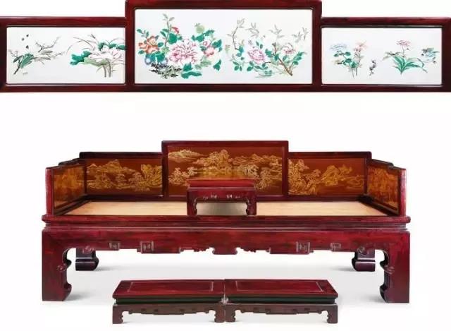 紫檀嵌畫琺瑯彩描金瓷板畫山水羅漢床