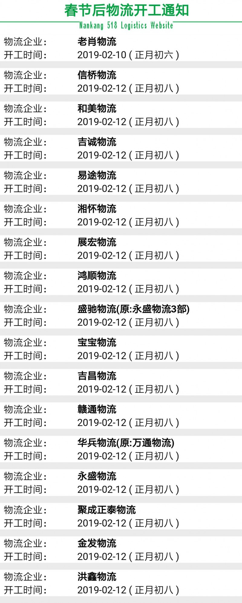 南康物流2019春節后開工時間表