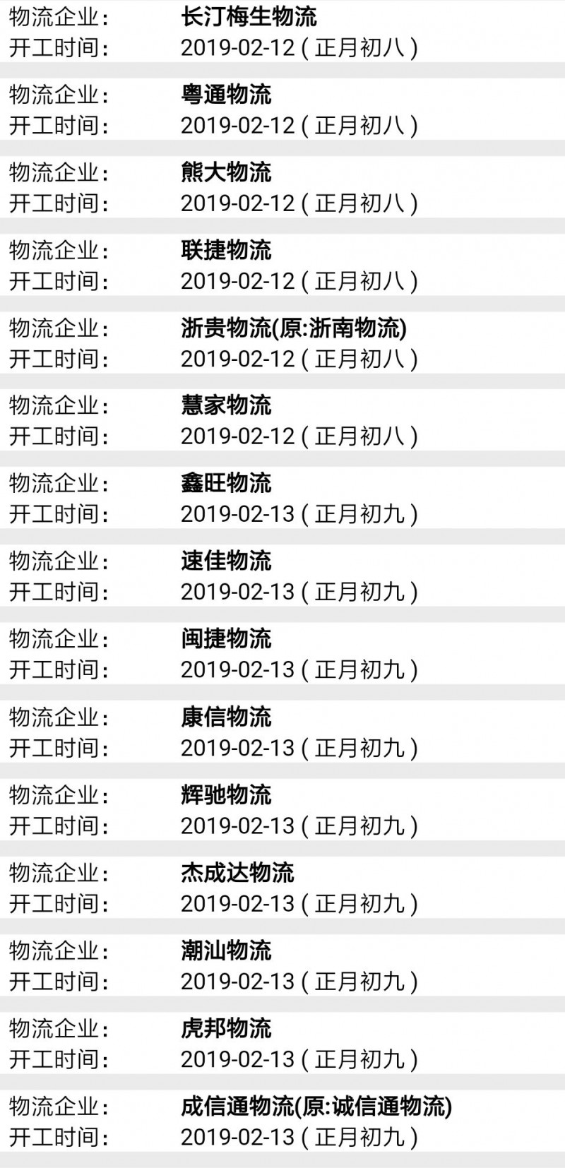 南康物流2019春節后開工時間表2