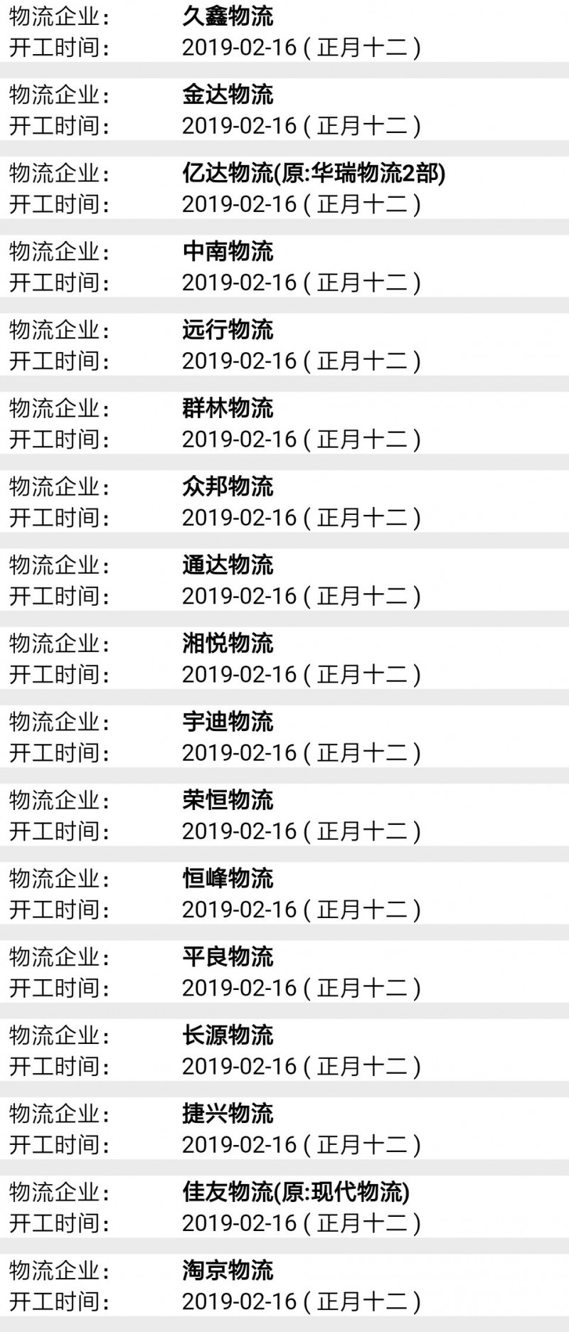 南康物流2019春節后開工時間表10