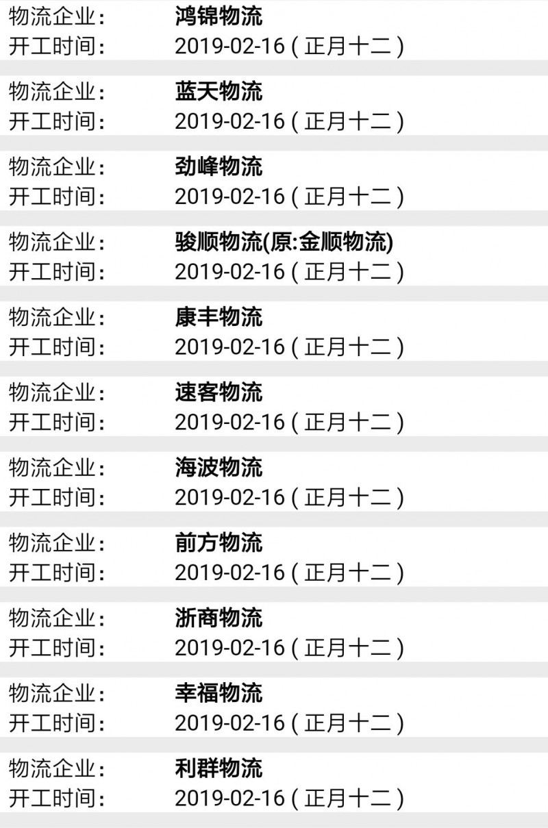 南康物流2019春節后開工時間表12
