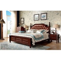 木佰創美式家具：胡桃色美式壓紋床061#（棕皮拉扣）