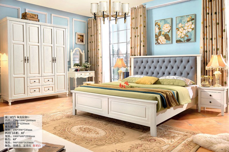 象牙白美式壓紋床073#（灰皮拉扣）