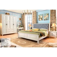 木佰創(chuàng)美式家具：象牙白美式壓紋床073#（灰皮拉扣）