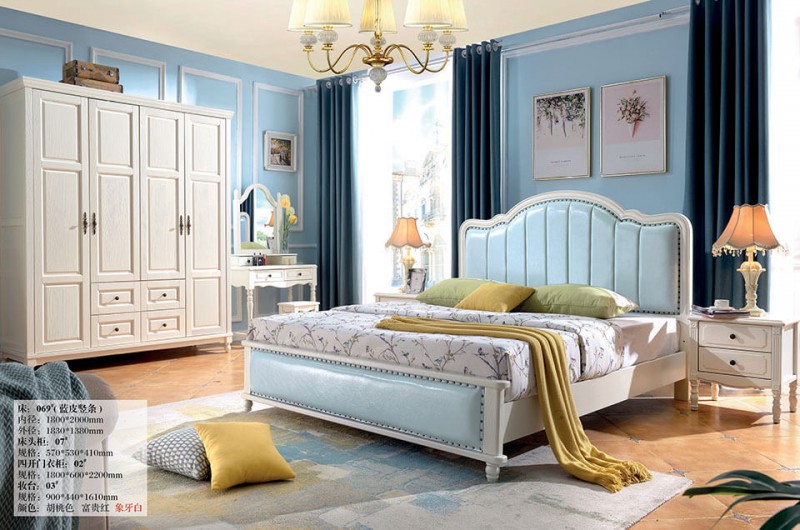 象牙白美式壓紋床069#（藍皮豎條）