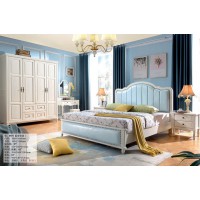 木佰創(chuàng)美式家具：象牙白美式壓紋床069#（藍(lán)皮豎條）