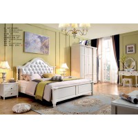 木佰創(chuàng)美式家具：象牙白美式壓紋床025#（白皮拉扣）