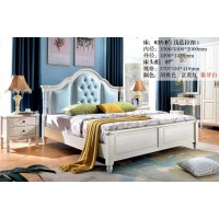 木佰創(chuàng)美式家具：象牙白美式壓紋床025-B#（淺藍(lán)拉扣）