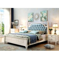 木佰創(chuàng)美式家具：象牙白美式壓紋床061#（淺藍(lán)拉扣）
