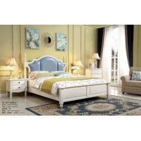 木佰創(chuàng)美式家具：象牙白美式壓紋床063#（油蠟藍(lán)皮）