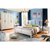 木佰創美式家具：象牙白美式壓紋床075#（淺藍皮）