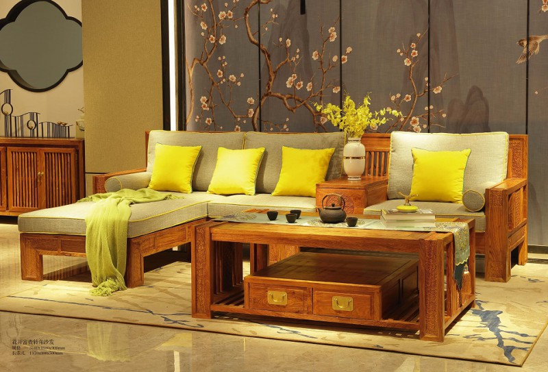 詩意東方新中式紅木：花開富貴轉角沙發