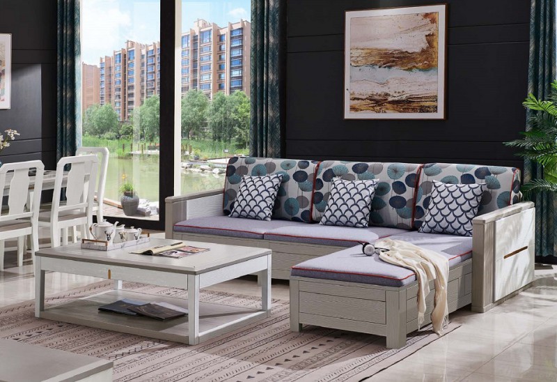 致青春現代輕奢實木系列9852#高箱轉角沙發（A色 灰+白）