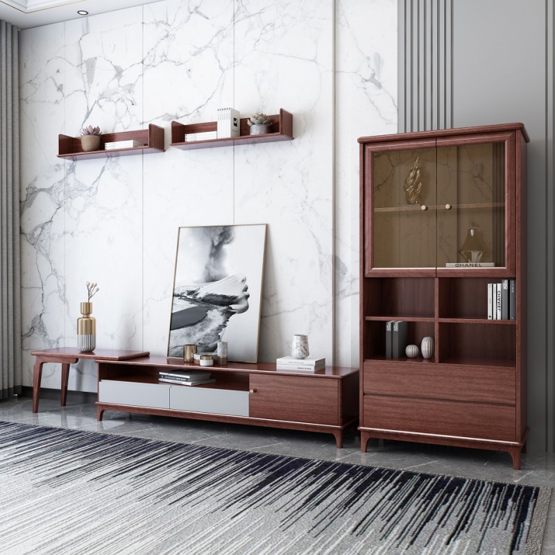 現代輕奢胡桃木伸縮電視柜A809、高柜A807