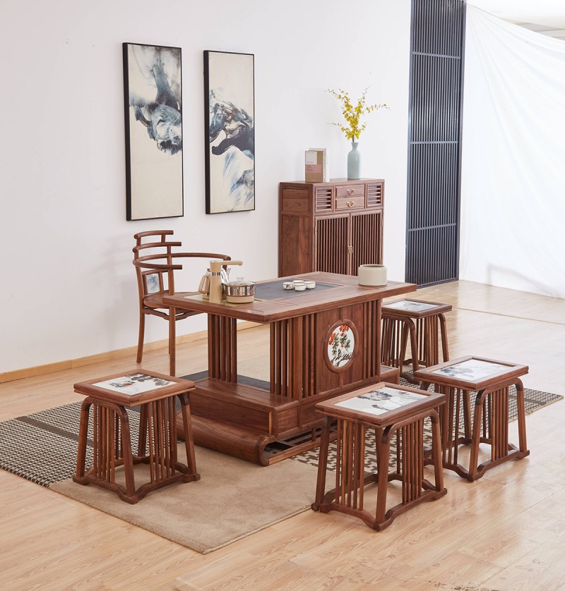 新中式禪意北美黑胡桃木CM301#茶桌、CM05#主椅、CM09#長條凳、CM10#方凳