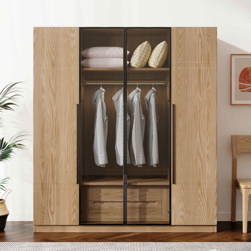 朗朝現代極簡白蠟木家具：L2684#四門開門衣柜（原木色）