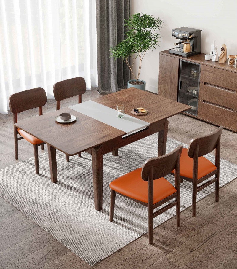 L291#拉伸方臺（胡桃色）、L292#餐椅（圓腳）、L290#條凳