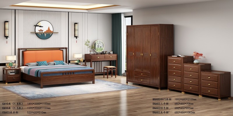 床C610、床頭柜CG603、四門衣柜BG605、斗柜DG602