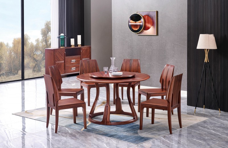 華夏國康卡迪婭輕奢極簡黃檀木家具：K501圓桌、K56餐椅、K800餐邊柜