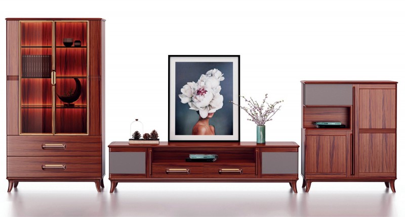 華夏國(guó)康卡迪婭輕奢極簡(jiǎn)黃檀木家具：K801高柜、K601電視柜、K801低柜