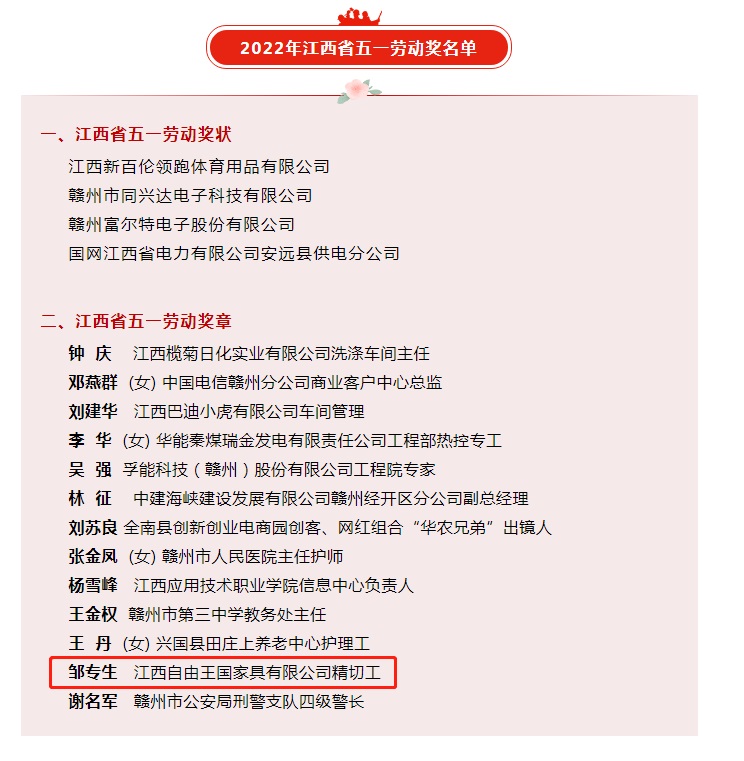 南康家具行業一人榮獲&ldquo;江西省五一勞動獎章&rdquo;