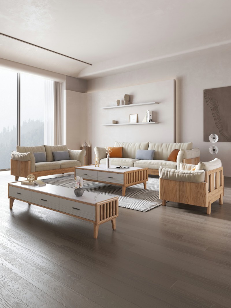 匠者白蠟?zāi)鞠盗屑揖撸篔D-616沙發(fā)原木色1+2+3