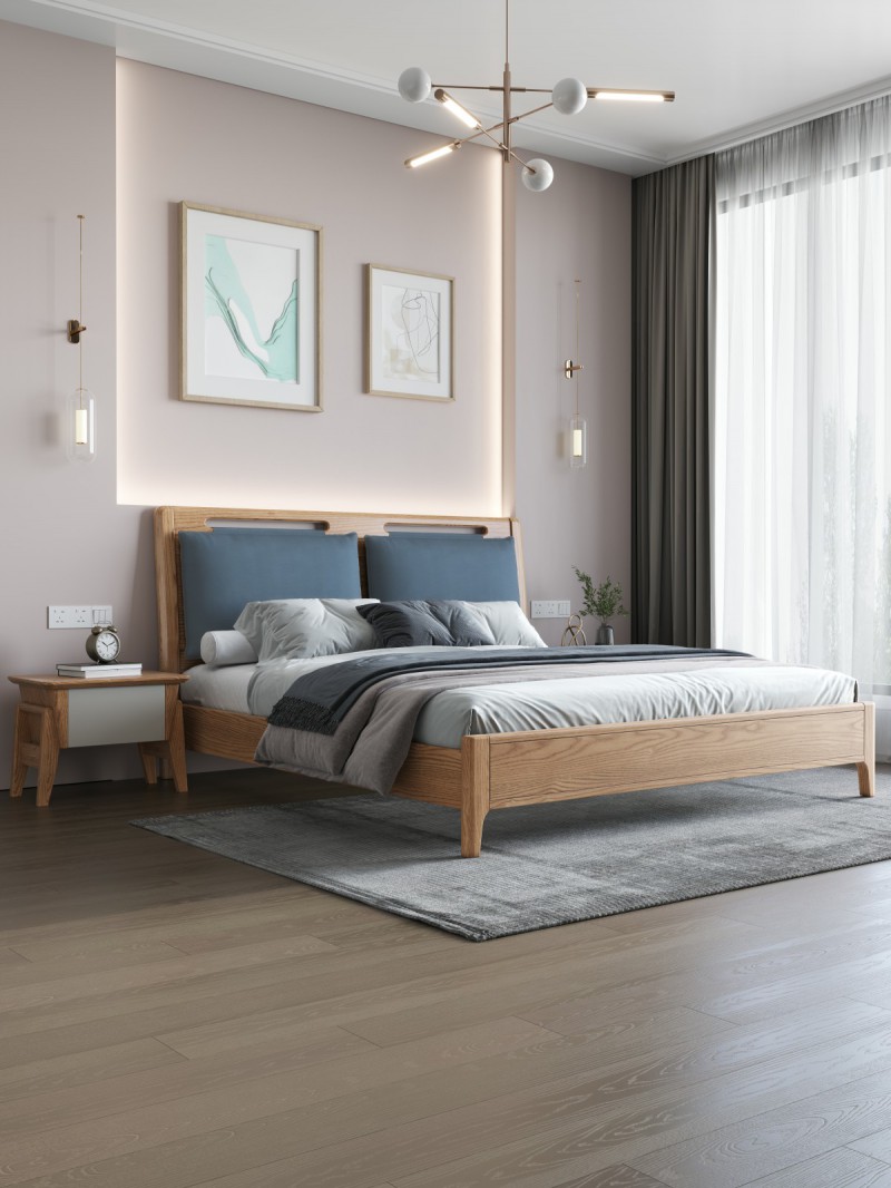 匠者白蠟木系列家具：JD-601床軟包款原木色