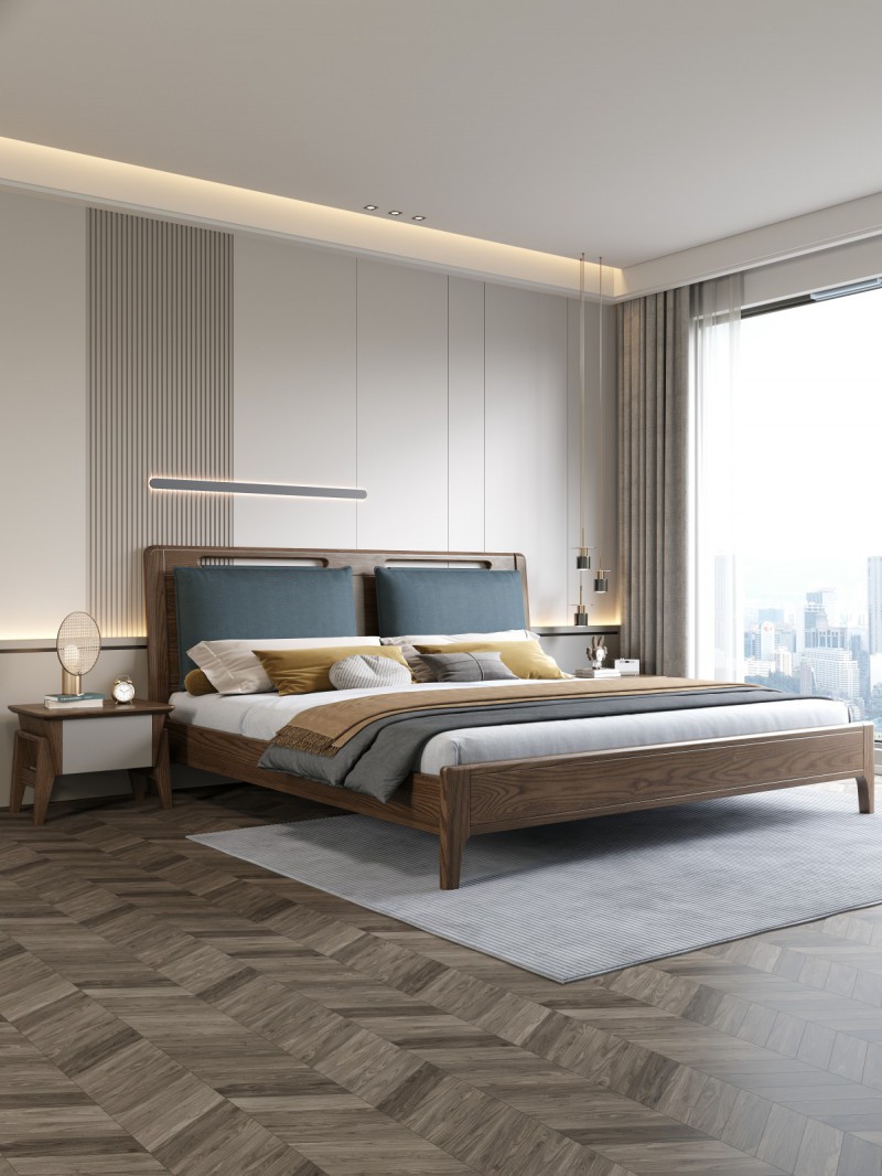 匠者白蠟木系列家具：JD-601床軟包款胡桃色