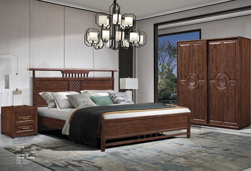 新中式烏金木床353#、床頭柜363#、兩門推拉衣柜342#