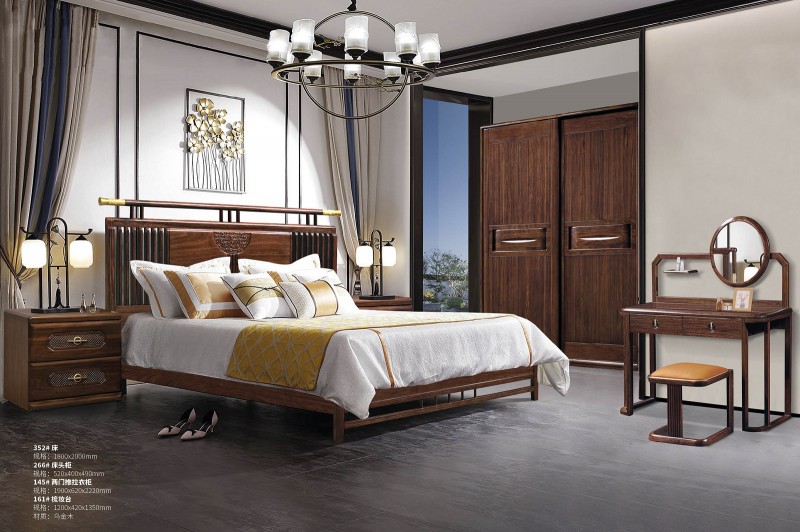 新中式烏金木床352#、床頭柜266#、兩門推拉衣柜145#、梳妝臺161#