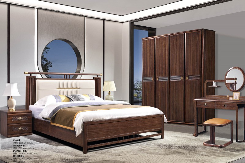 新中式烏金木床356#、床頭柜266#、四門衣柜142#、梳妝臺161#