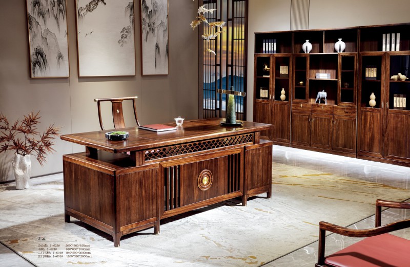 新中式辦公桌1-623#、書椅1-621#、二門書柜1-601#、三門書柜1-601#