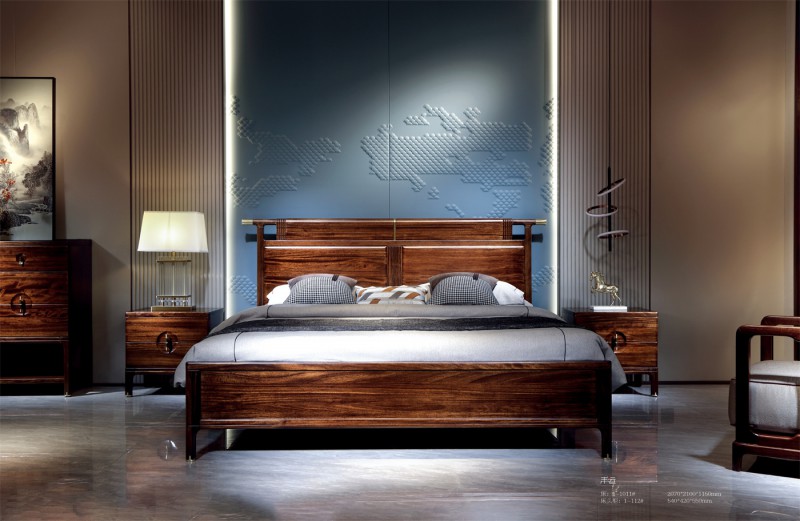 新中式床1-1011#、床頭柜1-112#