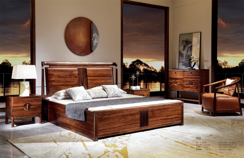 新中式床1-107#、床頭柜1-112#、斗柜1-321#、休閑椅1-211#