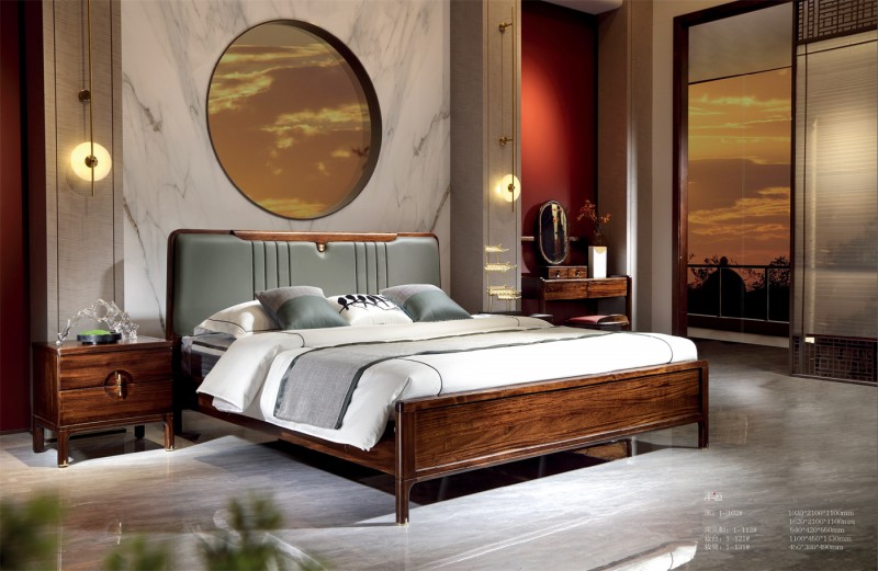 新中式床1-102#、床頭柜1-112#、妝臺1-121#、妝凳1-131#