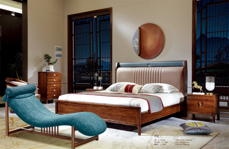 新中式床1-1013#、床頭柜1-112#、躺椅1-367#
